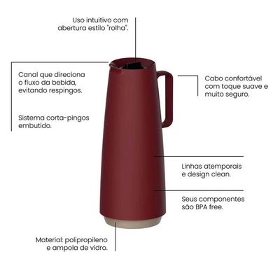 Bule Térmico Tramontina 1L Garrafa Térmica Vermelha Café Chá Água Exata Ampola de Vidro