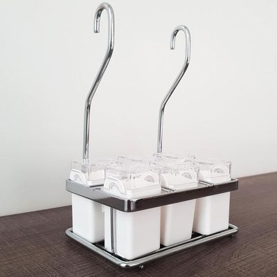 Suporte Porta Temperos E Condimentos Aéreo Aço Inox Com 6 Frascos Brancos