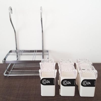 Suporte Porta Temperos E Condimentos Aéreo Aço Inox Com 6 Frascos Brancos
