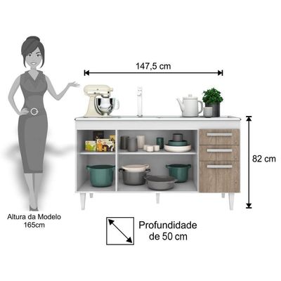 Balcão Gabinete Com Pia Inox 150cm Lisboa - Lumil Móveis Branco-preto