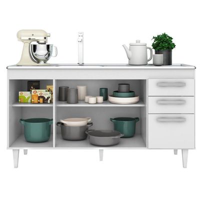 Balcão Gabinete Com Pia Inox 150cm Lisboa - Lumil Móveis Branco-preto