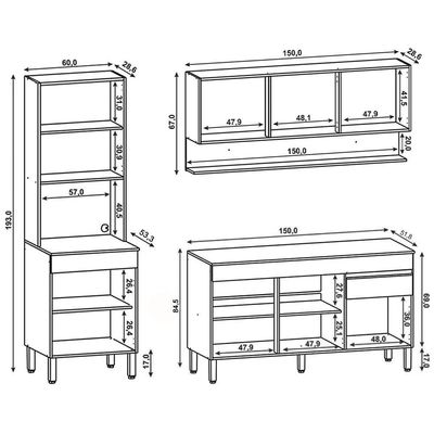 Armário De Cozinha 3 Peças Balcão 150cm Sem Tampo Lina13 K02 Supremo-freijó - Mpozenato