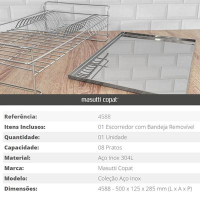 Escorredor de Louças para Bancada com Bandeja Removível Masutti Copat em Aço Inox