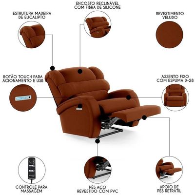 Poltrona Do Papai Reclinável Kalie Elétrica Botão Led Massagem Fh9 Veludo Terracota - Mpozenato