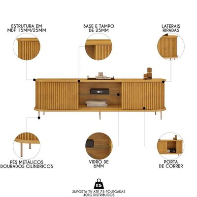 Rack Para Sala Bancada De 75 Pol 218cm Ripado World D04 Cedro - Mpozenato
