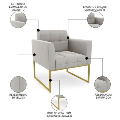 Poltrona Decorativa Base Industrial Dourado Ana Veludo Cinza - Ibiza