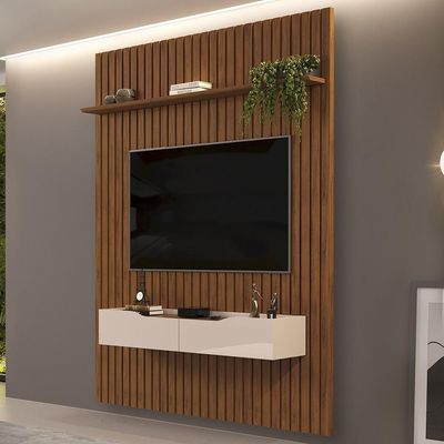 Painel Para 65 Pol Ripado Com Bancada Suspensa 183x240cm Pratisk D04 Freijó-off White - Mpozenato