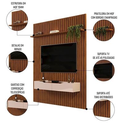 Painel Para 65 Pol Ripado Com Bancada Suspensa 183x240cm Pratisk D04 Freijó-off White - Mpozenato
