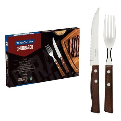 Jogo de Talheres para Churrasco Tramontina em Aço Inox e Madeira Natural 12 Peças