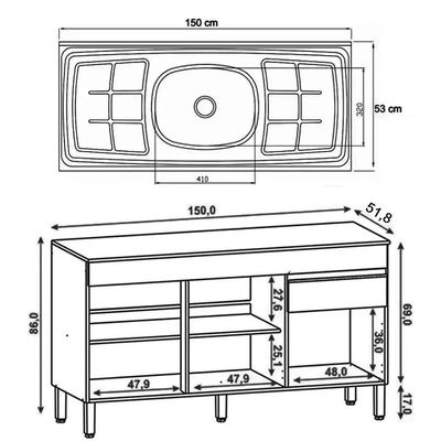 Balcão Gabinete 3 Portas Com Pia 150cm Lina K02 Supremo - Mpozenato