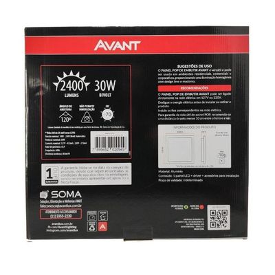 Painel Pop Embutir Quadrado Alumínio Avant 40x40cm - 30w - 6500k - Luz Branca