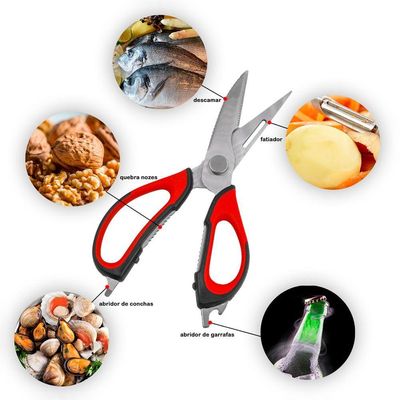Tesoura Culinaria Para Casa Cozinha Corta Desossa Limpa Peixe Carne Frango 6 Em 1 Vermelho