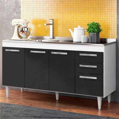 Balcão Gabinete Para Pia 150cm Sem Tampo Lisboa - Lumil Branco-preto