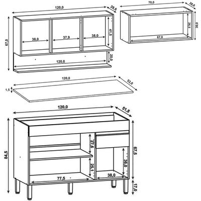 Armário De Cozinha 3 Peças Balcão Com Tampo 120cm Lina05 Z06 Gris-freijó - Mpozenato