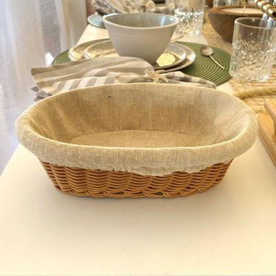 Kit 2 Cestas Porta Pão 24x17cm Oval Rattan Plástico Forro Tecido Cesto Lyor
