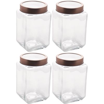 Kit 4 Potes Porta Mantimentos de Vidro 1,7L Tampa Metal Rose Gold Lyor Gastro