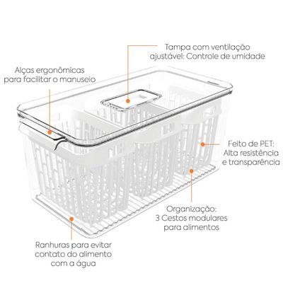 Organizador de Geladeira 6l Com 3 Cestos Plástico Frutas Dry Coza Grande Cozinha