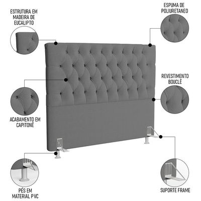 Cabeceira Casal 140cm Cristal Boucle Cinza E 2 Mesas Laterais Plaza Lc1 Preto - Mpozenato