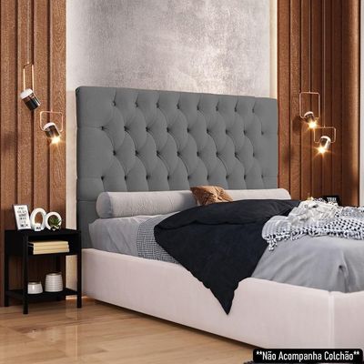 Cabeceira Casal 140cm Cristal Boucle Cinza E 2 Mesas Laterais Plaza Lc1 Preto - Mpozenato