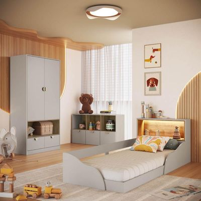 Quarto Infantil com Cama de Solteiro Montessoriana Cômoda e Guarda Roupas Lille CJ078
