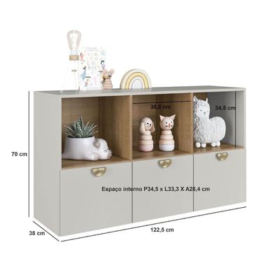 Cômoda Infantil Juvenil com 3 Gavetões e Nichos Arenas 122x38x70cm Dl1020 Lille