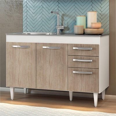 Balcão Gabinete 120cm Suécia Sem Tampo 3 Portas 2 Gavetas - Lumil Móveis Branco-castanho