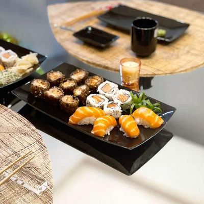 Kit 6 Prato Para Sushi Bandeja Preta Rasa Oriental 22cm Porcelana Germer Sashimi Preto