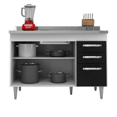 Balcão Gabinete Para Pia 120cm Suécia 3 Portas 2 Gavetas Sem Tampo Branco-preto - Lumil Móveis