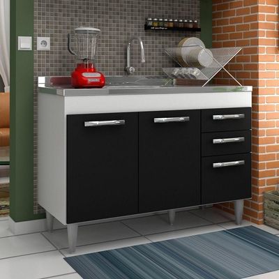 Balcão Gabinete Para Pia 120cm Suécia 3 Portas 2 Gavetas Sem Tampo Branco-preto - Lumil Móveis