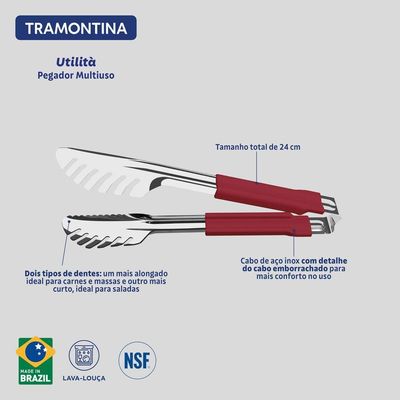 Pegador Tramontina Utilitá Em Aço Inox Com Cabo Emborrachado Vermelho 24 Cm