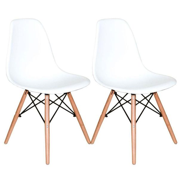 Kit Com 2 Cadeira Charles Eames Eiffel Branca Base Madeira