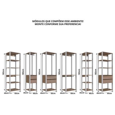 Guarda Roupa Closet de 6 Módulos com Gaveta Branco e Montana Cabideiro e Nichos Easy Prodecor