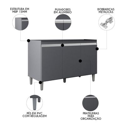 Balcão De Cozinha Com Pia Inox 120cm 3 Portas Manu Cinza - Ajl Móveis