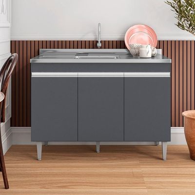 Balcão De Cozinha Com Pia Inox 120cm 3 Portas Manu Cinza - Ajl Móveis