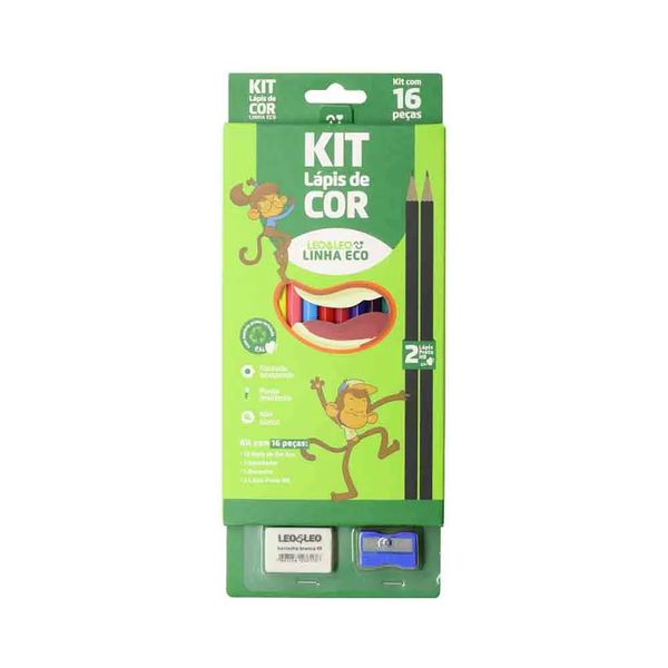 Kit Escrita Leonora Ecológico 12 Lápis de Cores + 2 Lápis Grafites HB + 1 Borracha + 1 Apontador