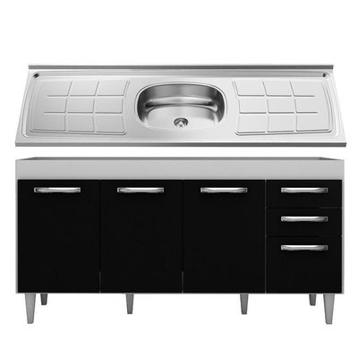 Balcão Gabinete áustria Com Pia Inox 160cm 4 Portas Branco-preto - Lumil Móveis