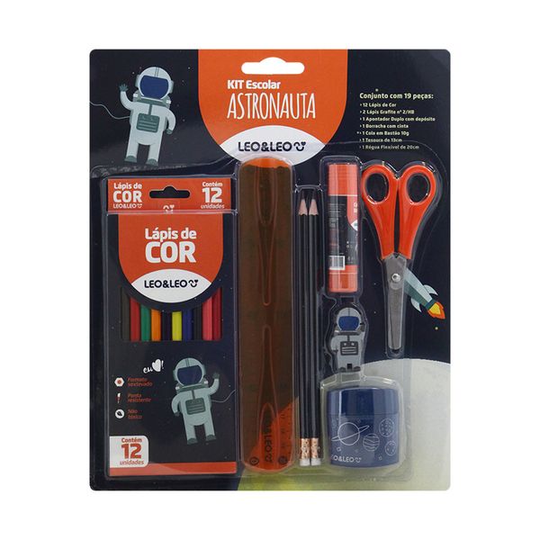 Kit Escolar Leo&Leo Astronauta 12 Lápis de Cores, Lápis, Borracha, Apontador, Cola, Régua e Tesoura