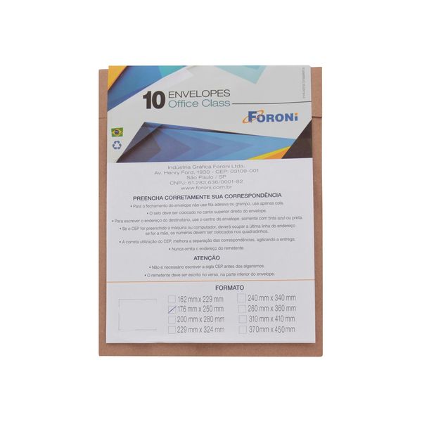 Envelope Saco Foroni Kraft Natural 176x250mm com 10 Unidades