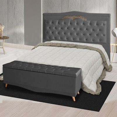 Kit Cabeceira De Cama E Calçadeira Baú Barcelona Capitonê Casal 140 Cm Suede Grafite Casa Móveis E Decoração