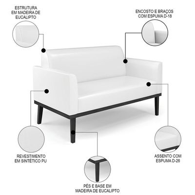 Sofá Namoradeira E 1 Poltrona Base Madeira Preto Maressa Sintético Pu Branco - Ibiza