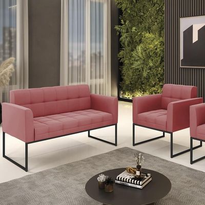 Sofá Namoradeira E 1 Poltrona Base Industrial Preto Ana Suede Rosê - Ibiza