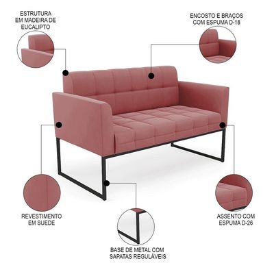 Sofá Namoradeira E 1 Poltrona Base Industrial Preto Ana Suede Rosê - Ibiza