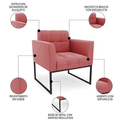 Sofá Namoradeira E 1 Poltrona Base Industrial Preto Ana Suede Rosê - Ibiza