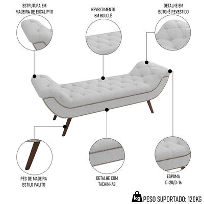 Puff Recamier Calçadeira 140cm Pés Palito Madeira Venêto P02 Bouclé Branco - Mpozenato