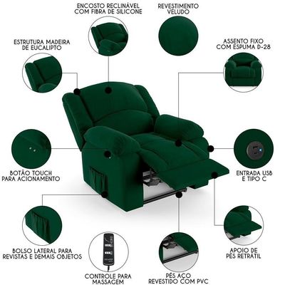 Poltrona Do Papai Reclinável Pietra Power Touch Massagem Fh9 Veludo Verde - Mpozenato
