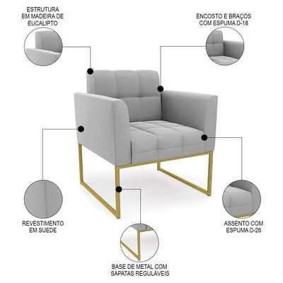 Poltrona Decorativa Base Industrial Dourado Ana Suede Cinza - Ibiza