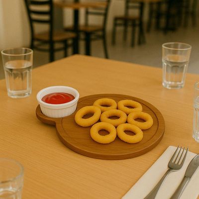 Petisqueira Tábua Teca 23cm Servir com Cabo e Ramekin 30ml Redonda Aperitivos Queijos
