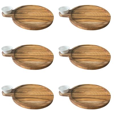Kit 6 Petisqueira Teca 23cm Servir com Cabo e Ramekin 30ml Tábua Aperitivo Queijos