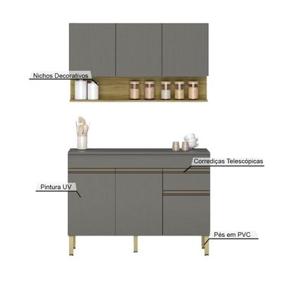 Kit Balcão De Pia Com Tampo E Aereo 120 Cm 6 Portas 1 Gaveta Line - Gris/gris/cp-freijó