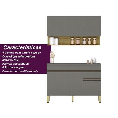 Kit Balcão De Pia Com Tampo E Aereo 120 Cm 6 Portas 1 Gaveta Line - Gris/gris/cp-freijó